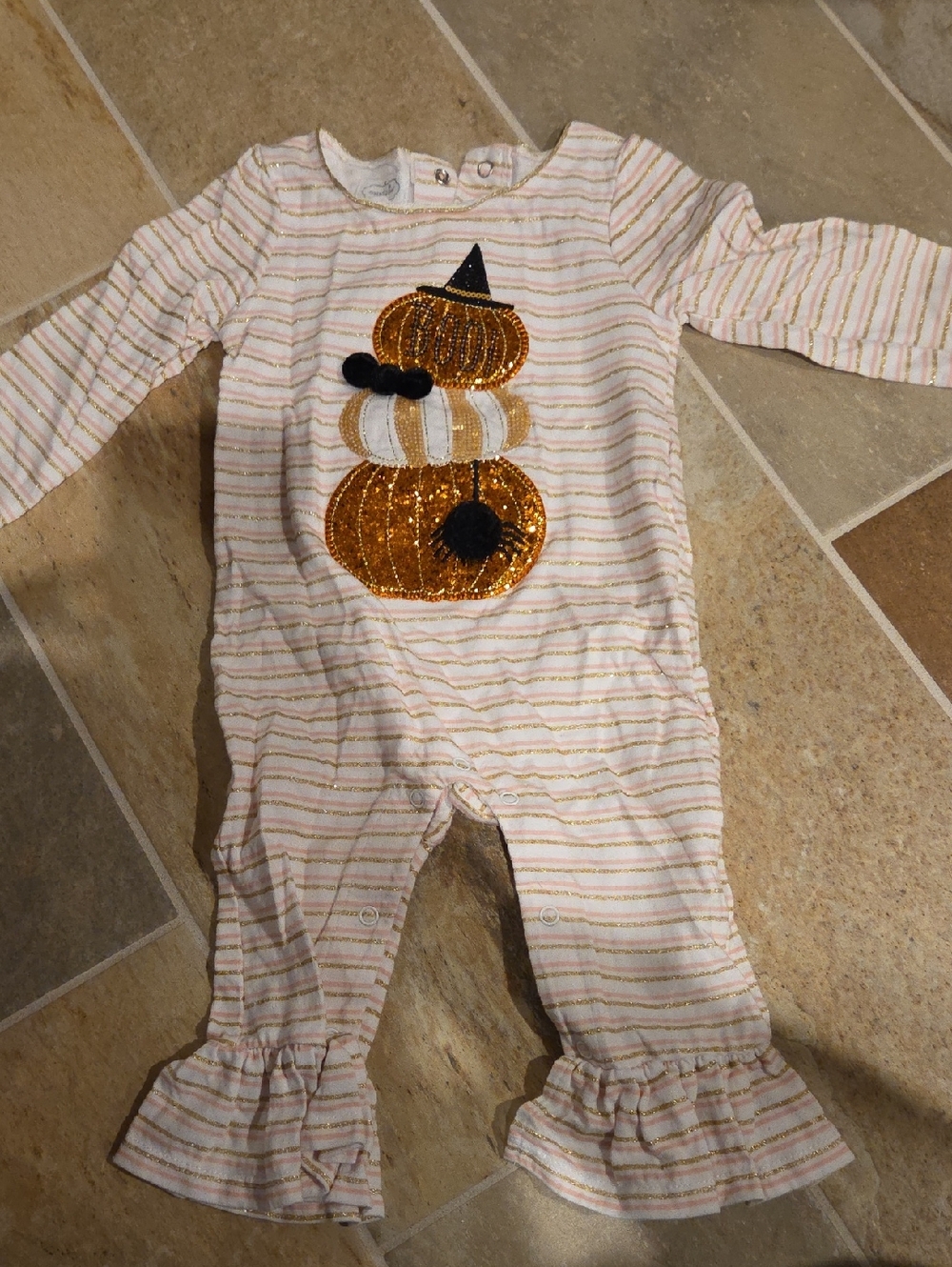 Mud Pie Pink, Gold & Cream Striped Baby Romper
